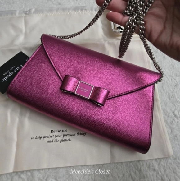 kate spade Handbags - Kate Spade Metallic Pebble Envelope XBody Morgan Bow Bikini Pink NWT 24 " Chain